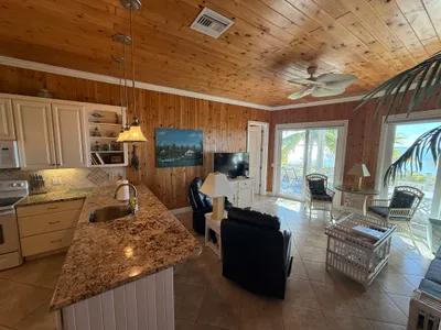 Great room panorama with kitchen and living areas