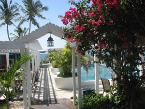 The pool and walk way to the beach at the Hope Town Harbour Lodge