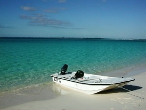 Our skiff beached at Little Bay.  You can see Casuarina Point in the background.