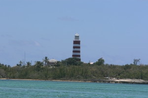 View of the lighthouse from across the harbour in Hope Town